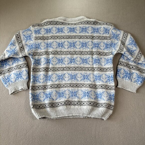 Handmade Knit VTG Fair Isle Wool Blend Nordic Ski Sweater Grey Blue S/M Outdoors - Picture 11 of 12